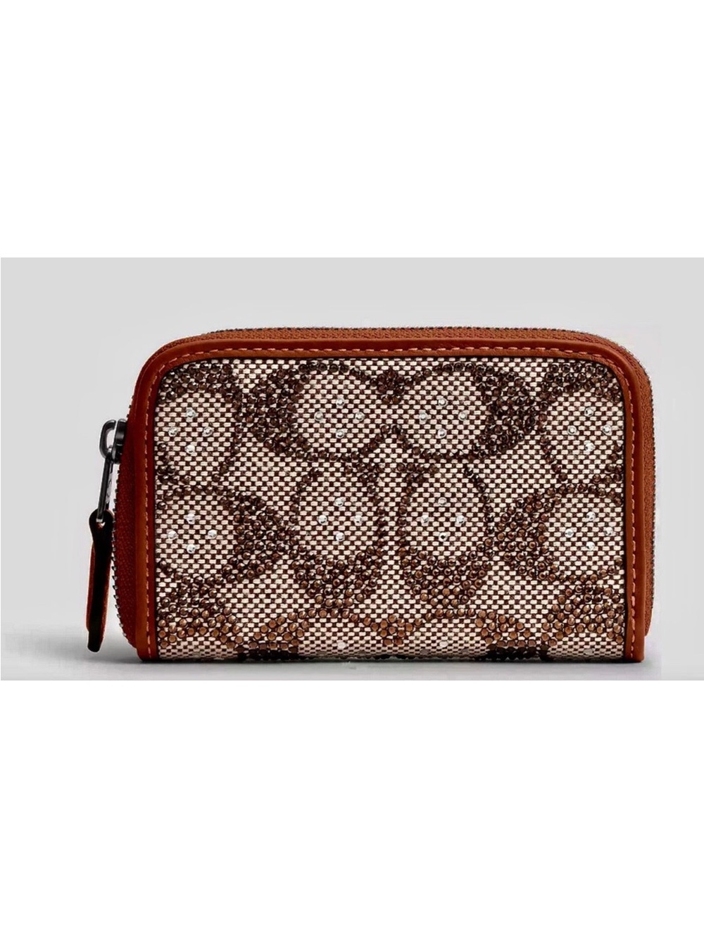COACH Brown Signature crystal jacquard Zip Card Case with Leather Trim